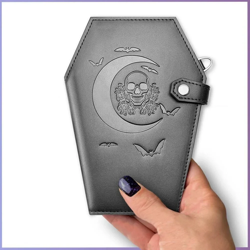 Gothic Faux Leather Coffin Wallet with Skull Design Zipper Snap Closure Women